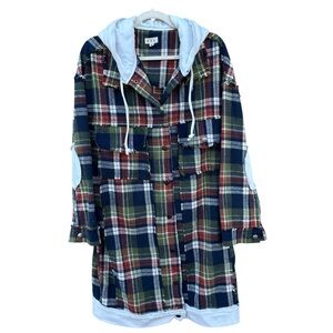 POL Plaid Flannel Hooded Shacket Oversized Medium